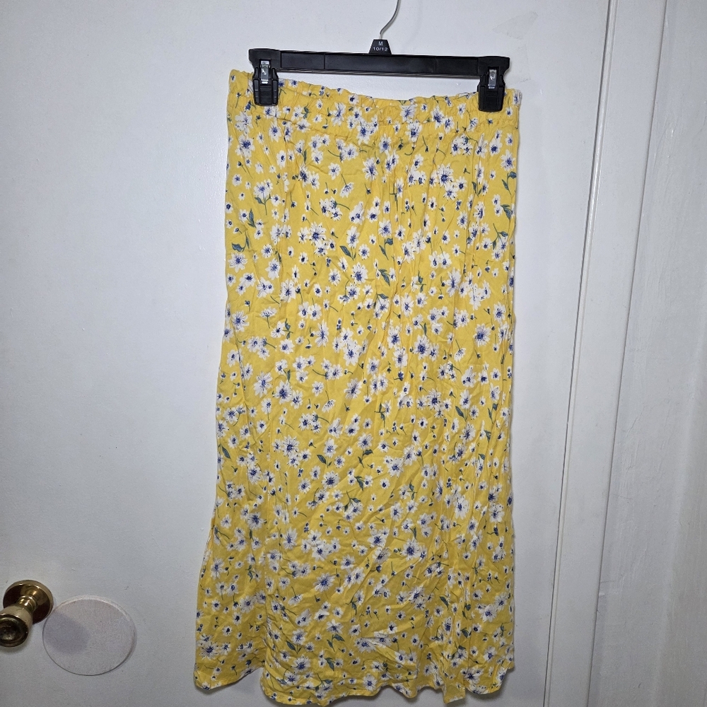 Vtg Monterey Bay Women’s‎ Skirt L Yellow Blue White Floral Elastic Waist Midi